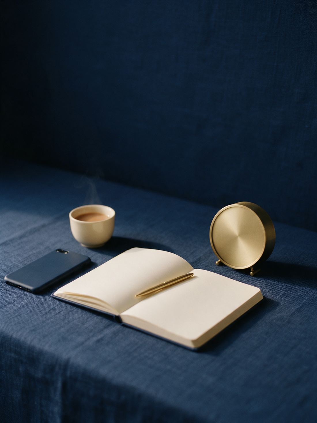 A founder's desk in morning light, ready for a call: a phone, a cup of chai and an open notebook