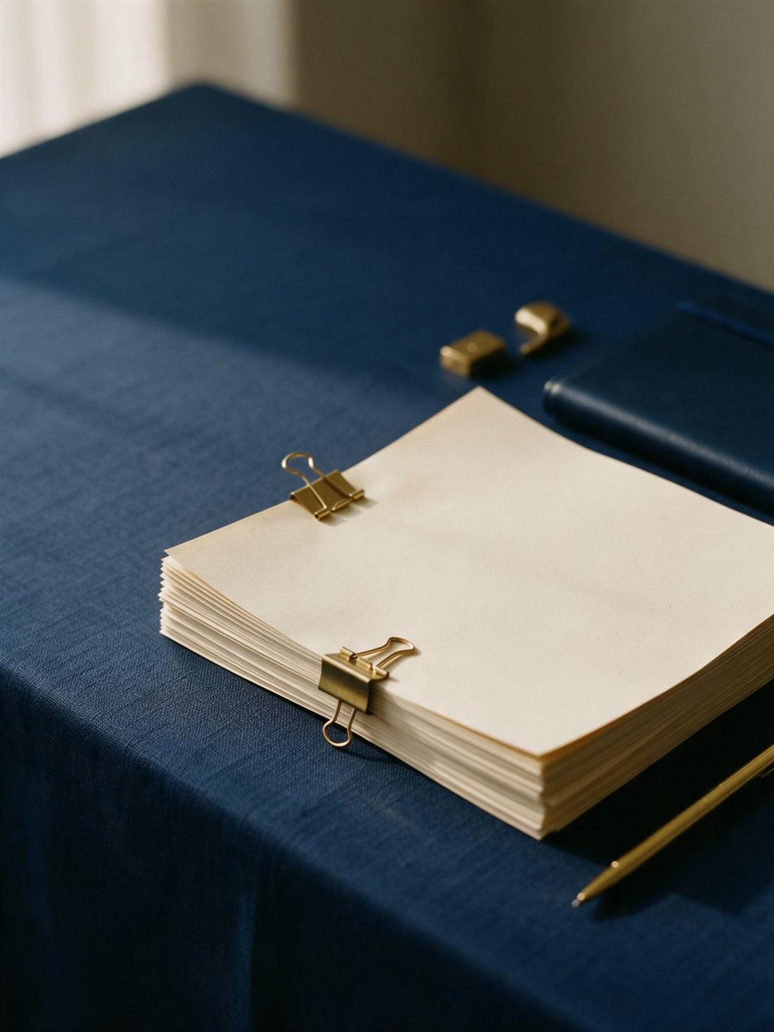 A clipped stack of printed pages on a navy linen desk beside a notebook and a gold pen